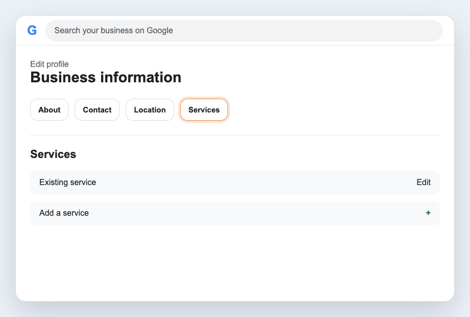 Illustrative Google Business Profile edit screen with Services highlighted